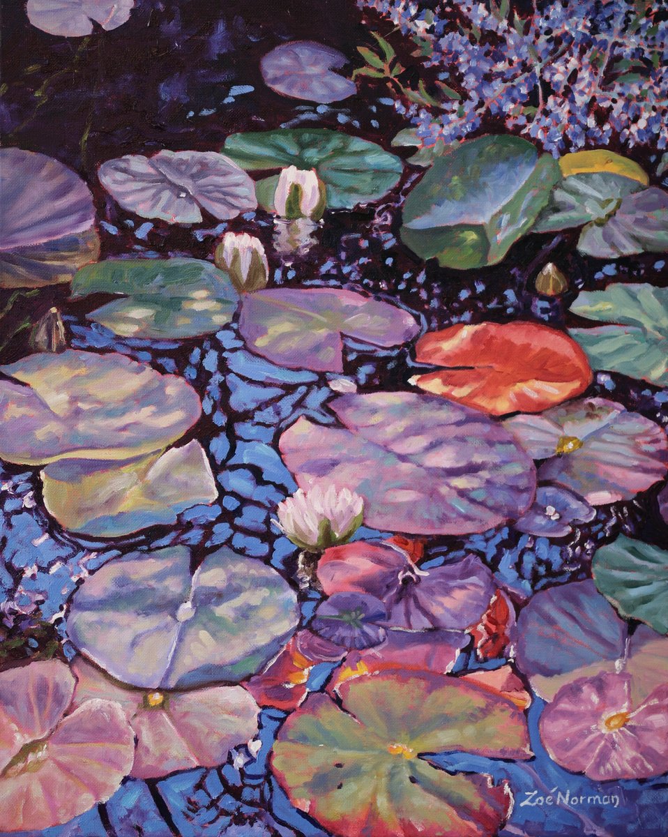 Impressionistic Botanical Oil Painting By Zoe Elizabeth Norman, 16 X 20", Little Pond Reflections -Waterlilies, Original Artwork