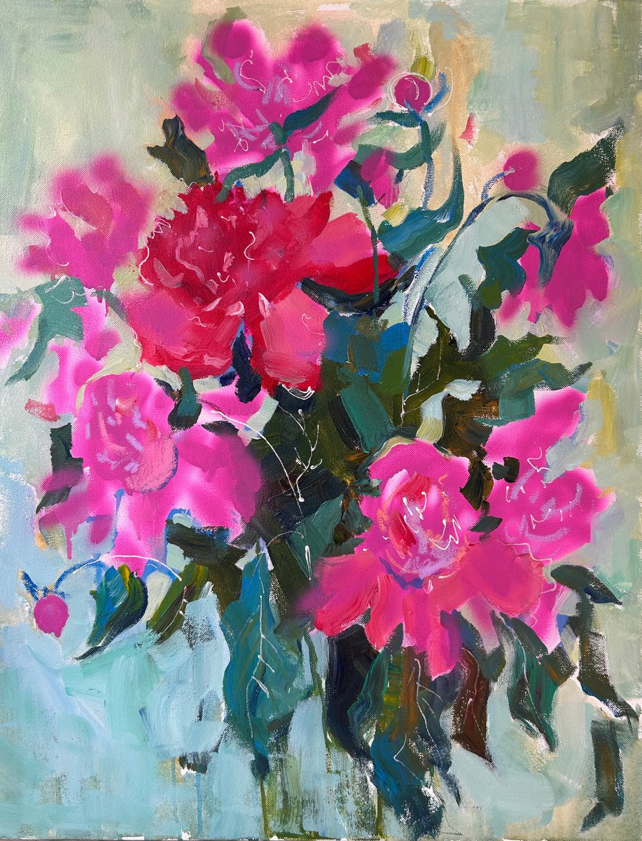 Impressionistic Botanical Acrylic Painting By Yuliia Pastukhova, 24 X 31", Pionies, Original Artwork