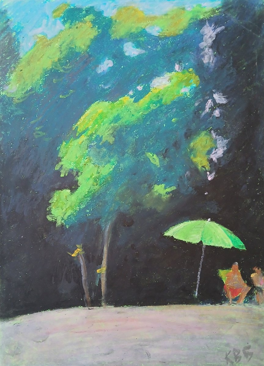 Graphic Landscape Pastel Drawing By Vasyl Koval, 8 X 12", On The Beach, Original Artwork