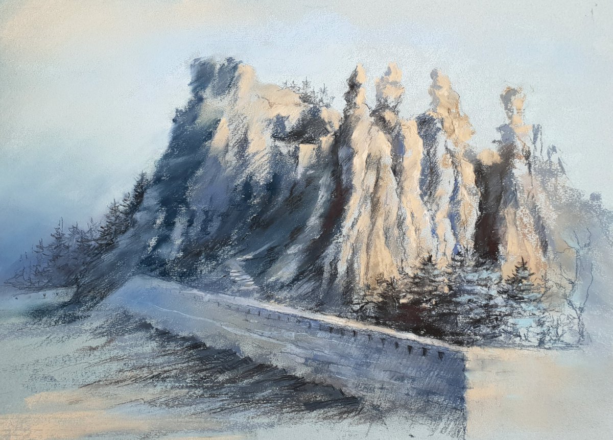 Impressionistic Landscape Pastel Drawing By Elena Genkin, 18 X 12, Mystical Mountains. 2Nd Edition., Original Artwork