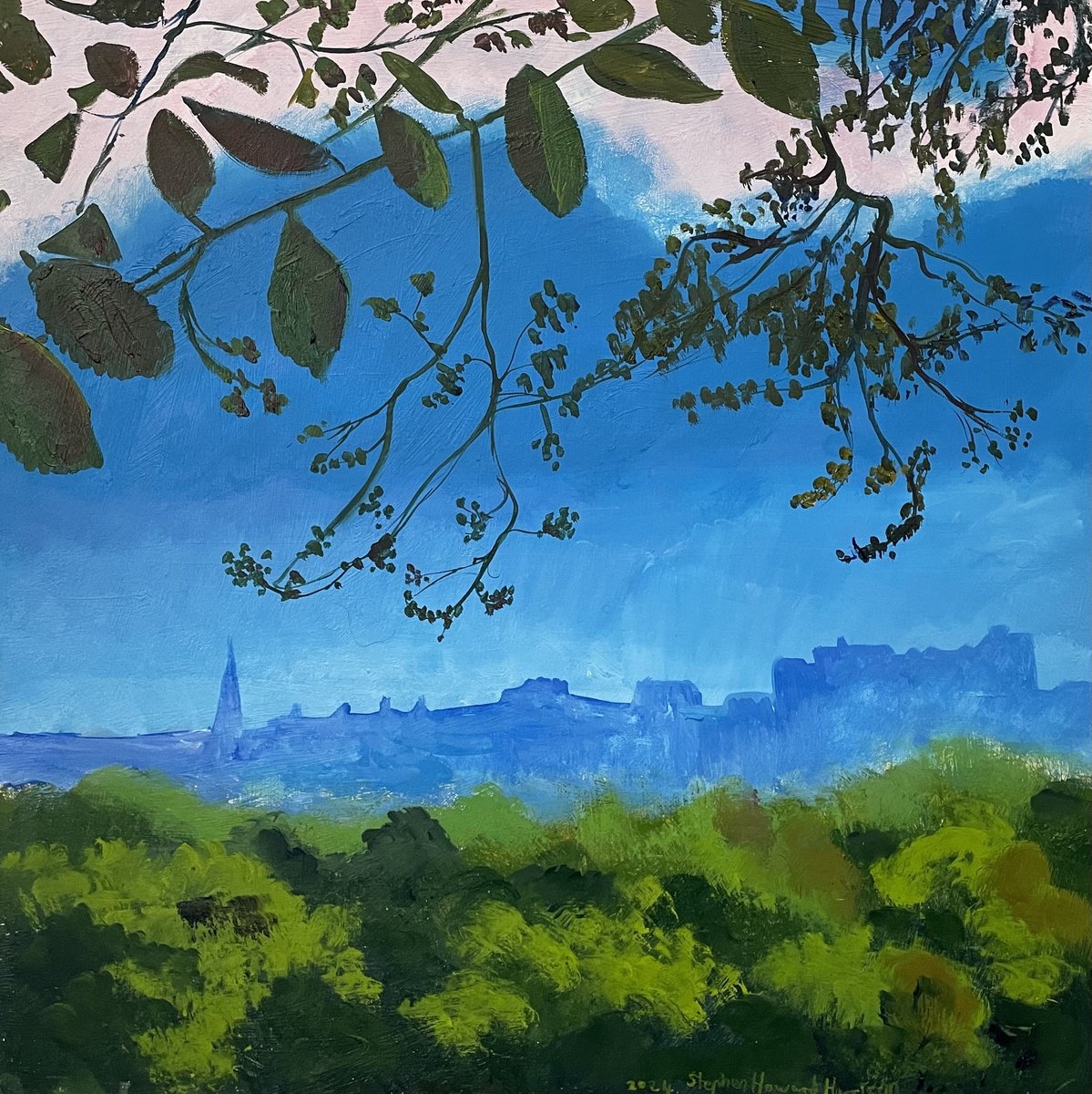 Impressionistic Cityscapes Oil Painting By Stephen Howard Harrison, 20 X 20", Edinburgh Skyline Over Trees, Original Artwork