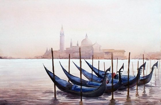 Early Morning Venice & Gondolas- Watercolor Painting