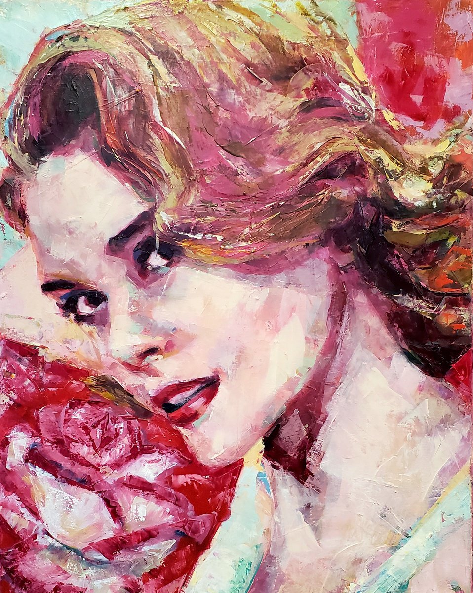 Expressive Portrait Oil Painting By Sal Jones, 17 X 21", Edged In Pink Carmine, Original Artwork