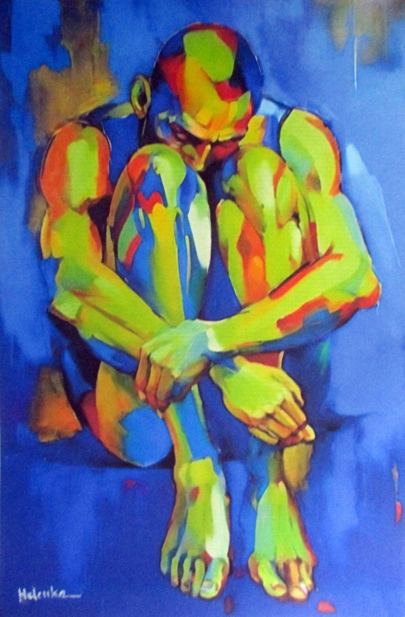 Expressive Portrait Acrylic Painting By Helena Wierzbicki, 18 X 28, Silent Intensity, Original Artwork