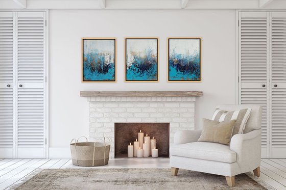 Large Abstract Painting. Modern White, Blue and Gold Textured Art. Painting with Structures. Triptych