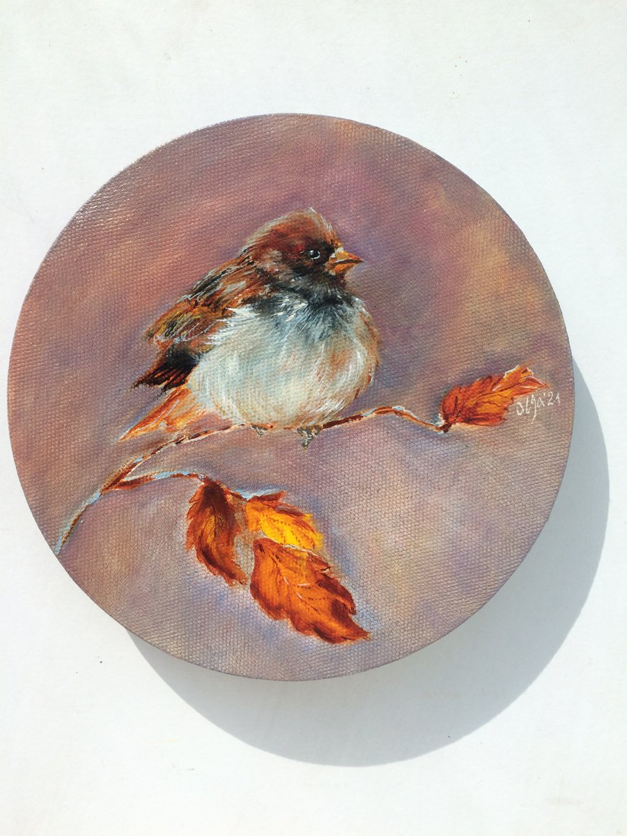 Little bird framed original offers oil painting on canvas ,6*6 inc. so nice for gift , funny birds delight the eyes and heart