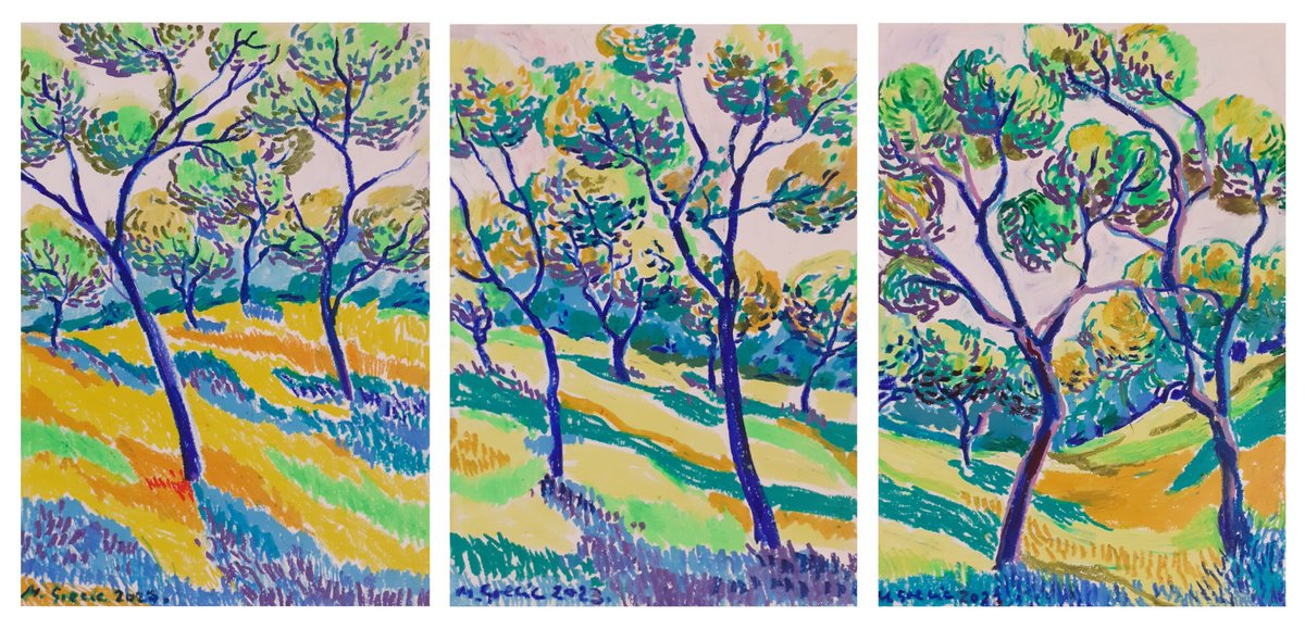 Impressionistic Landscape Pastel Drawing By Maja Grecic, 35 X 17", Spring Triptych, Original Artwork