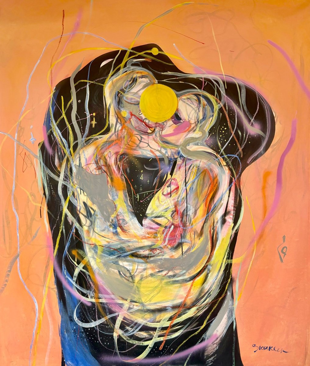 Expressive Portrait Acrylic Painting By Mari Skakun, 57 X 71", One Energy For Two, Original Artwork