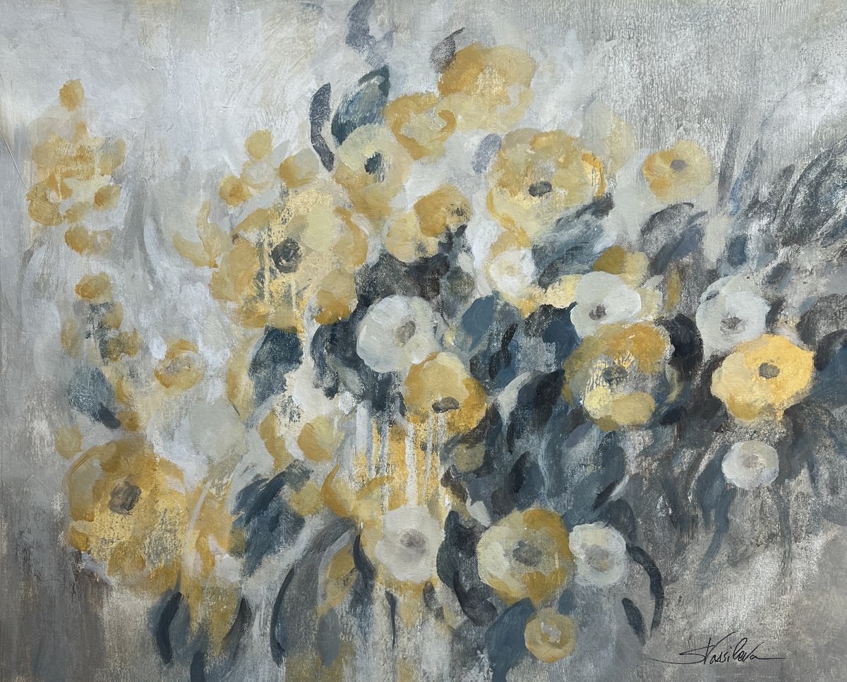 Impressionistic Botanical Acrylic Painting By Silvia Vassileva, 30 X 24", Flowers In A Rainy Day, Original Artwork