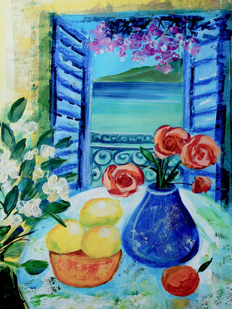 Impressionistic Still Life Acrylic Painting By Julia Rigby, 17 X 21", Lemon Table, Original Artwork
