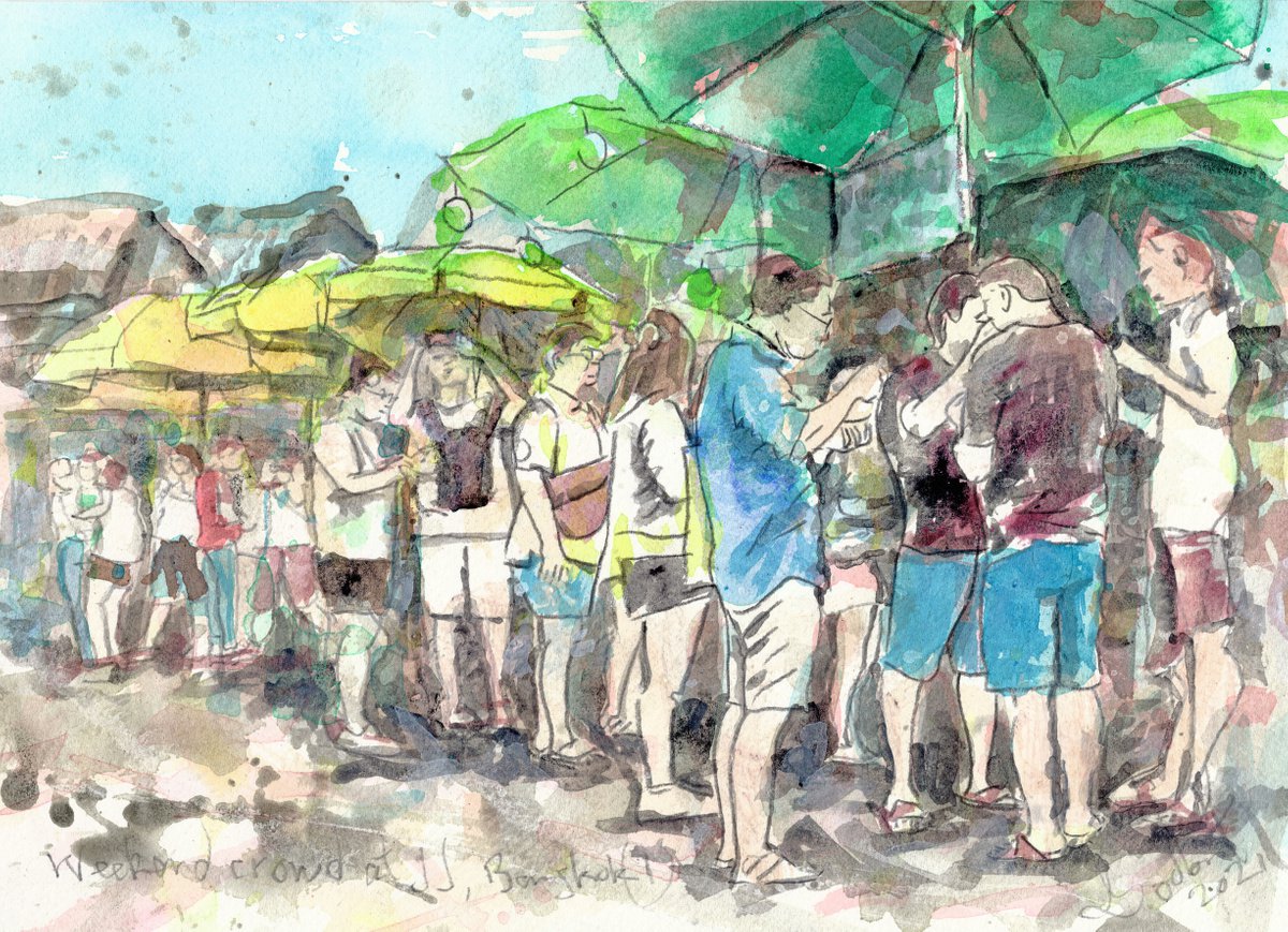 Expressive Portrait Acrylic Painting By Gordon T., 12 X 9, Weekend Crowd At Jj, Bangkok 1, Original Artwork