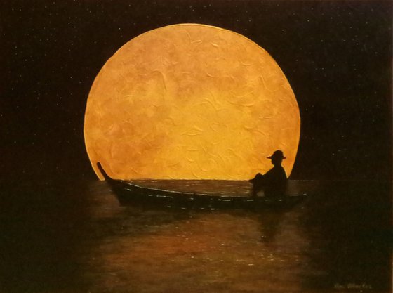 Magic Night - full moon, starry night, boat on lake;  home, office décor