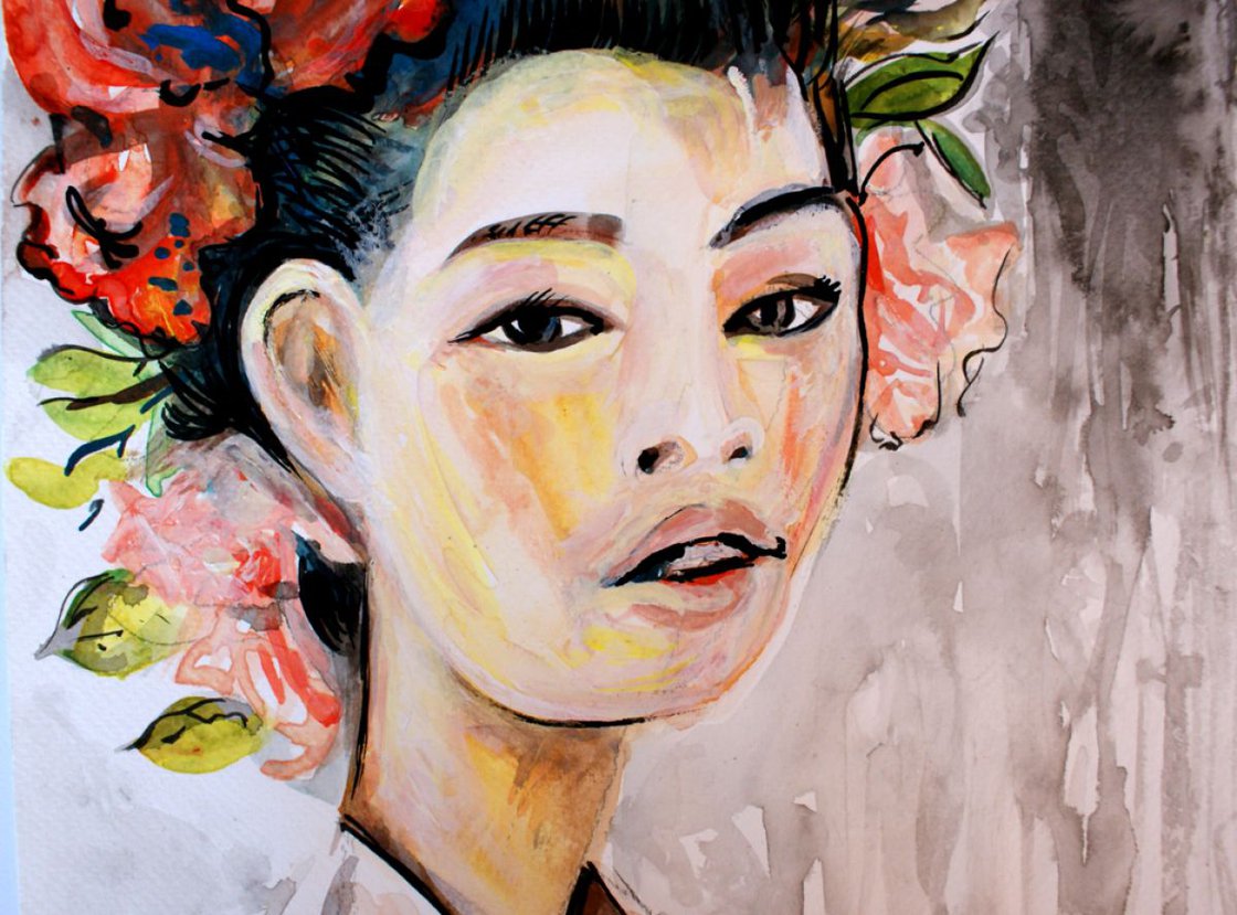 Chinese Girl with flowers Watercolour by Alex Solodov Artfinder