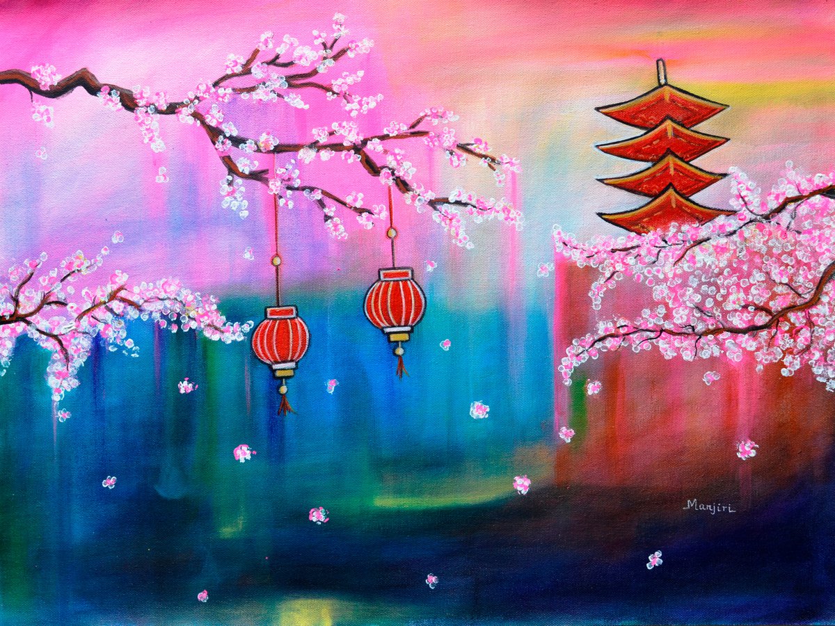 The Dreamy Cherry Blossom acrylic painting on sale by Manjiri Kanvinde