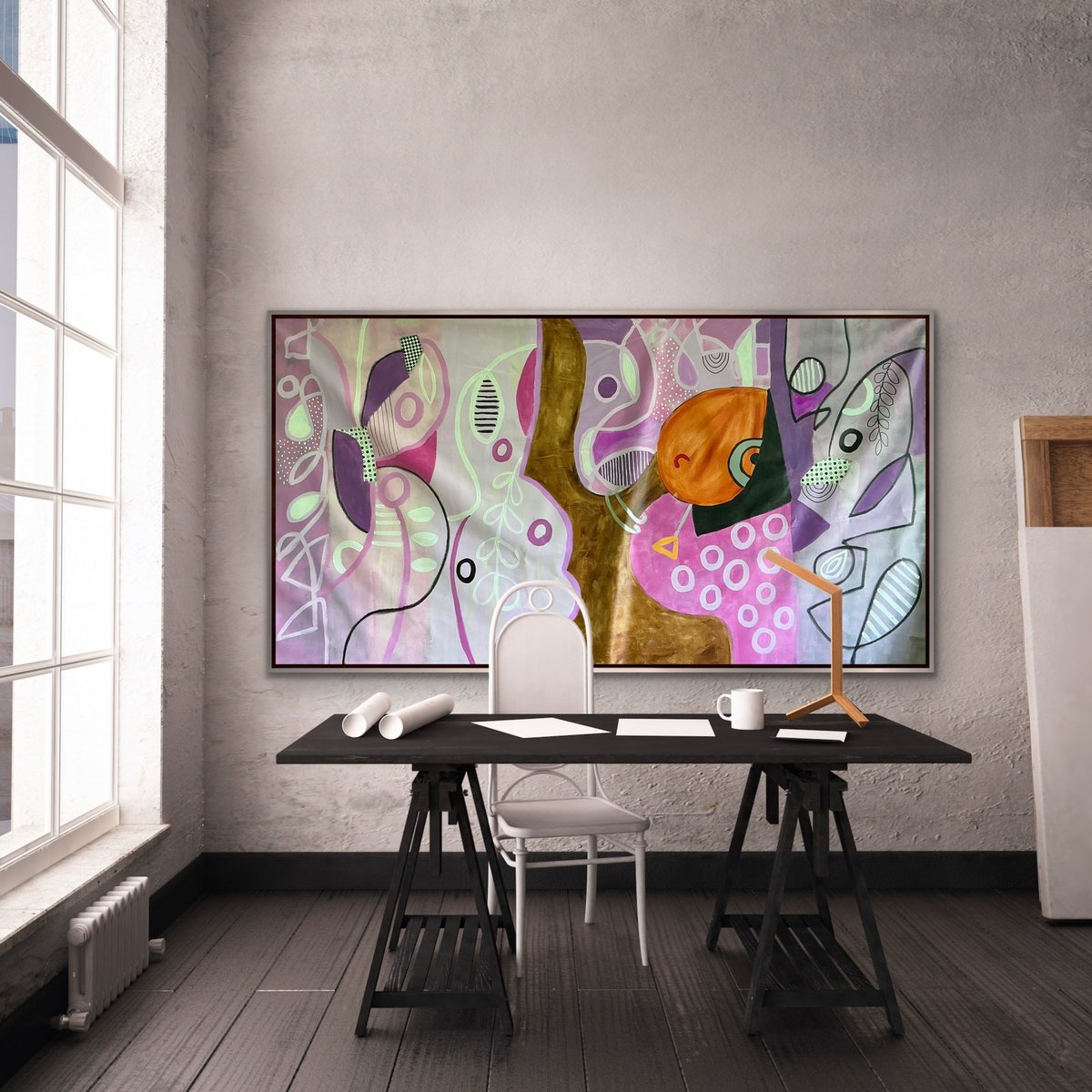 Abstract Portrait Acrylic Painting By Rashna Hackett, 72 X 37", In My Own Bubble, Original Artwork