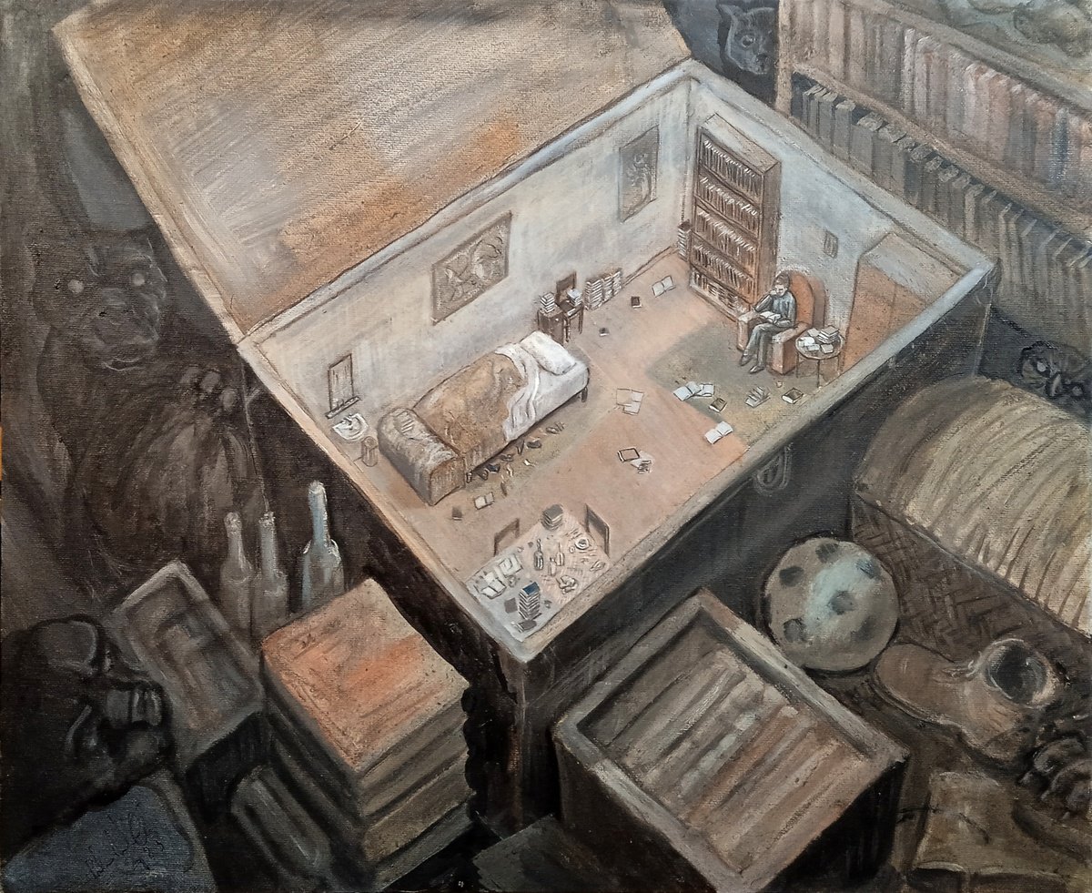 Illustrative Landscape Oil Painting By Paolo Beneforti, 20 X 16", Living In A Trunk, Original Artwork