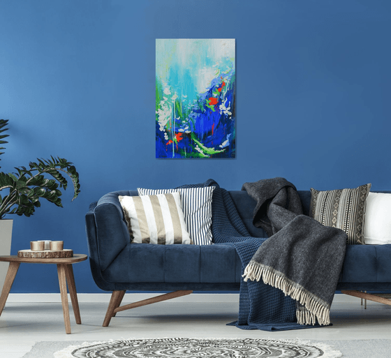 Abstract Flowers Modern Floral Landscape Painting. Blue, Red, Green, Violet, Teal, Abstract Tropical Flowers and Birds. Original Botanical Garden Painting on Canvas. Modern Impressionistic Art