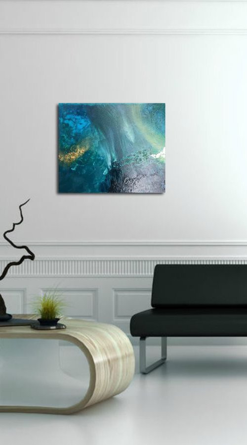 "Lost frequencies3" abstract seascape blue turquoise with gold leaf by Henrieta Angel