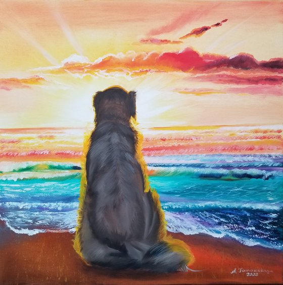 Golden Retriever on the Seashore in Backlight. Original Oil Painting on Canvas. Square Painting. Pet Lovers Gift. Dog Lovers Gift. Puppy Potrait.  Pet Potrait.