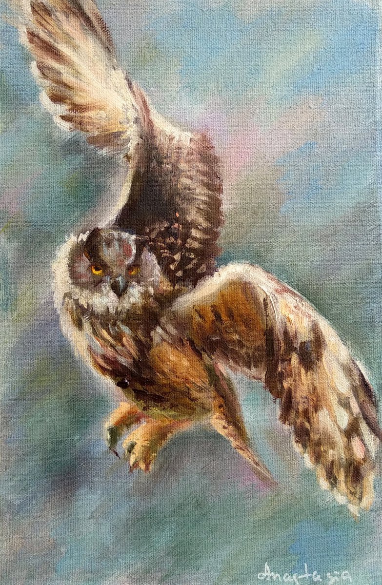 Flying Eagle Owl Birds Painting Wild Nature by Anastasia Art Line