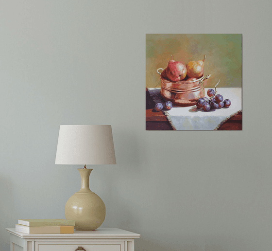 "Still life with grapes and pears in a small old French saucepan." still life grapes pears summer  liGHt original painting  GIFT (2020)