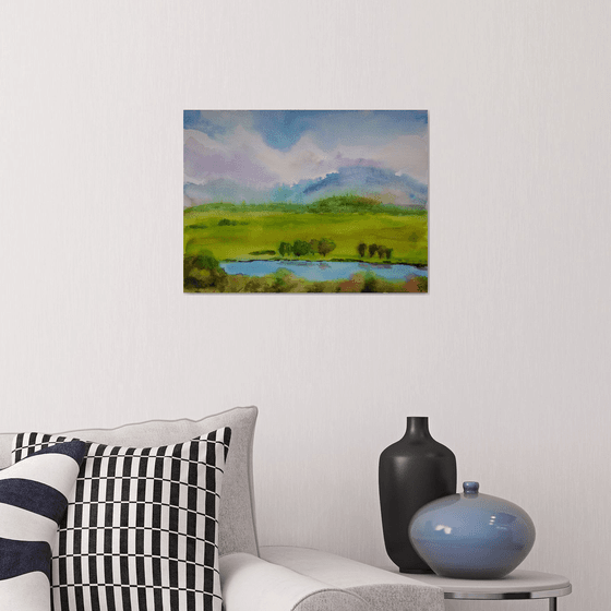 Landscape Original Watercolour Painting, Mountains Wall Art, Large Green Artwork