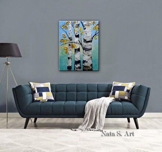 Aspen Tree Painting, Blue Sky, Impasto Tree Art, Yellow Leaves