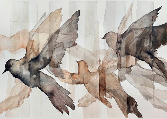Beige - Black Flying pigeons Silhouette