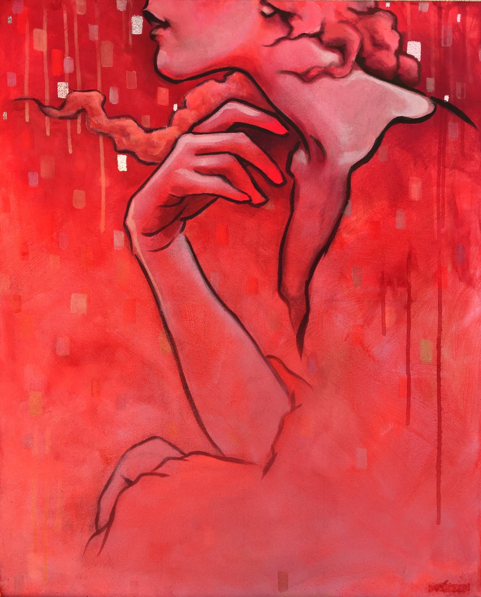 Red figurative woman ’s silhouette: The Alquimista 73 x 60 cm by Monique van Steen