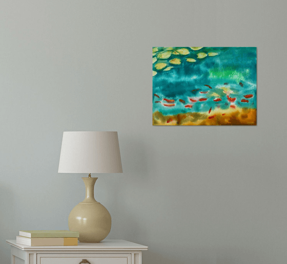 Fishes Pond Watercolour Painting, Abstract Landscape Original Art, Green Wall Art