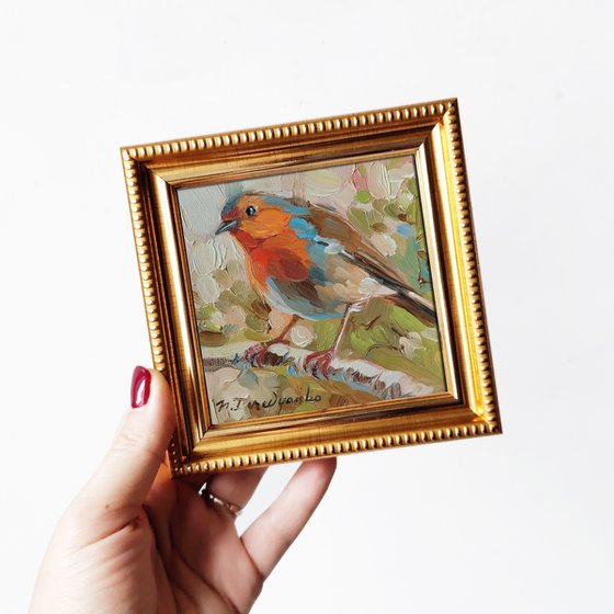 Robin bird oil painting original framed 4x4, Bird art painting for bird lovers