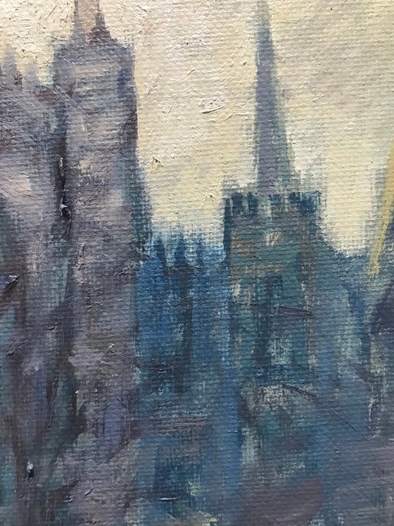 Original Oil Painting Wall Art Signed unframed Hand Made Jixiang Dong Canvas 25cm × 20cm Landscape Twilight Serenade at York Minster Small Impressionism Impasto