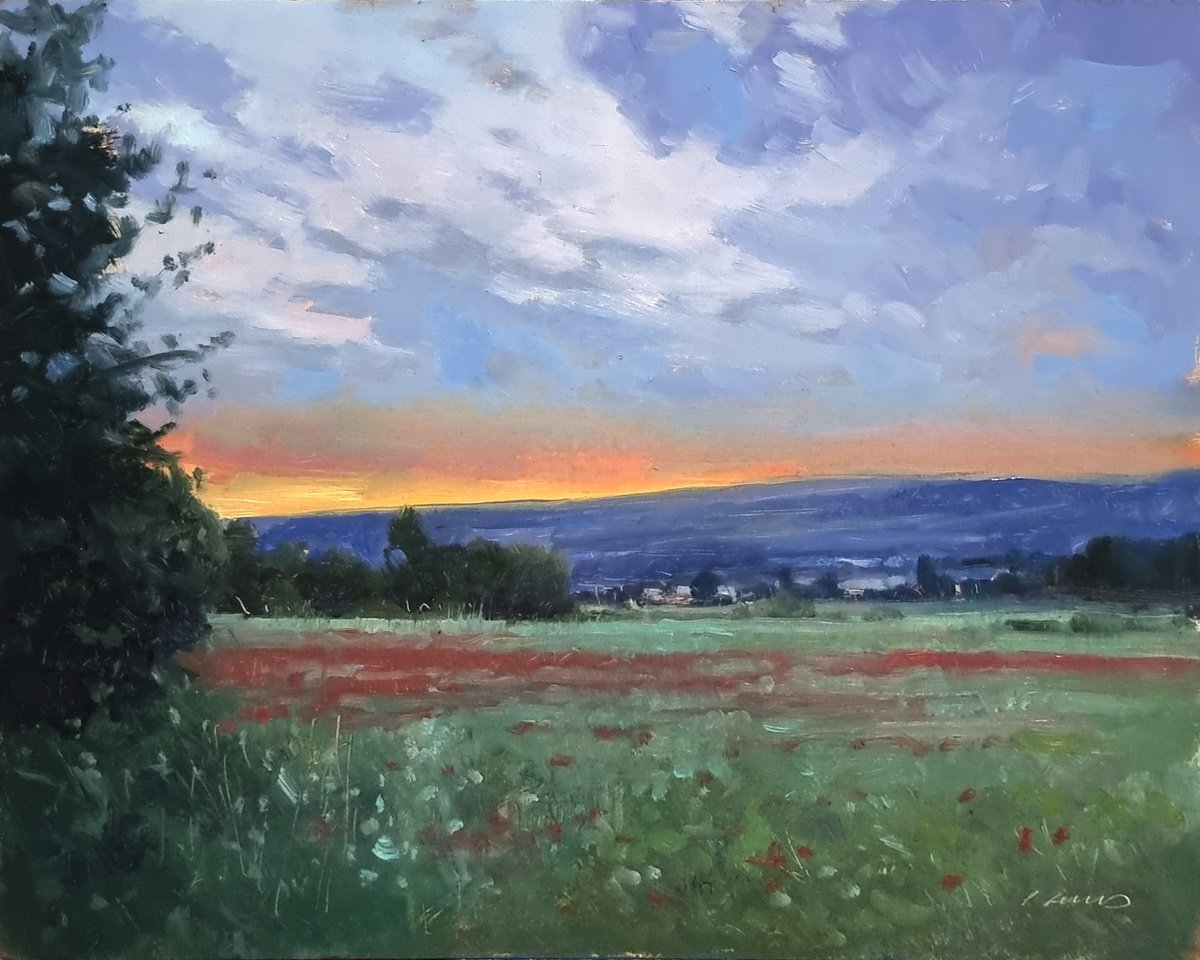 Impressionistic Landscape Oil Painting By Pascal Giroud, 12 X 9", Fin De Journee Sur La Durance, Original Artwork