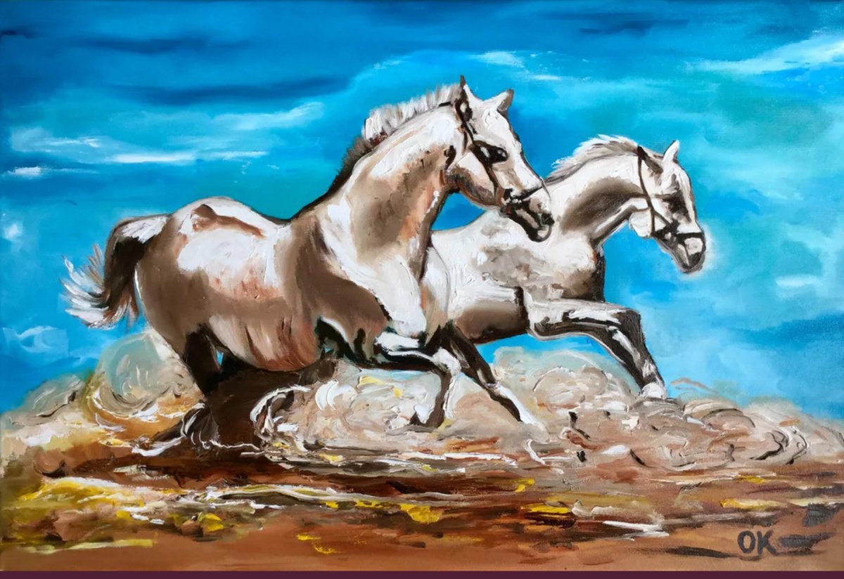 Expressive Animal Oil Painting By Olga Koval, 24 X 16", Wild Horses, Original Artwork