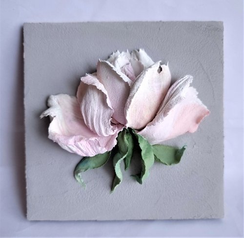 Small relief flower painting with white-pink rose on a grey backgroud. The Rose #2. 13.5x13.5x4cm by Irina Stepanova