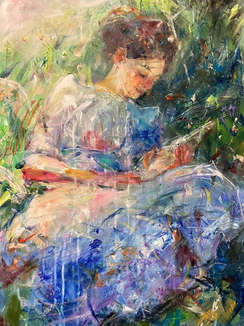 Reading girl under a tree by Liubou Sas