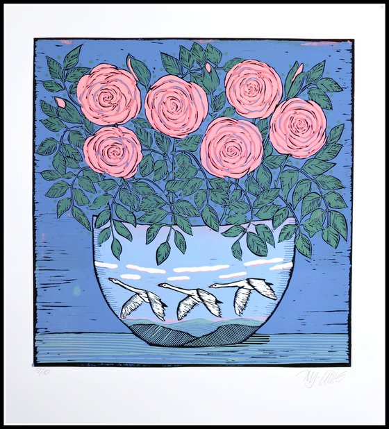 Roses and Swans, linocut reduction, last print