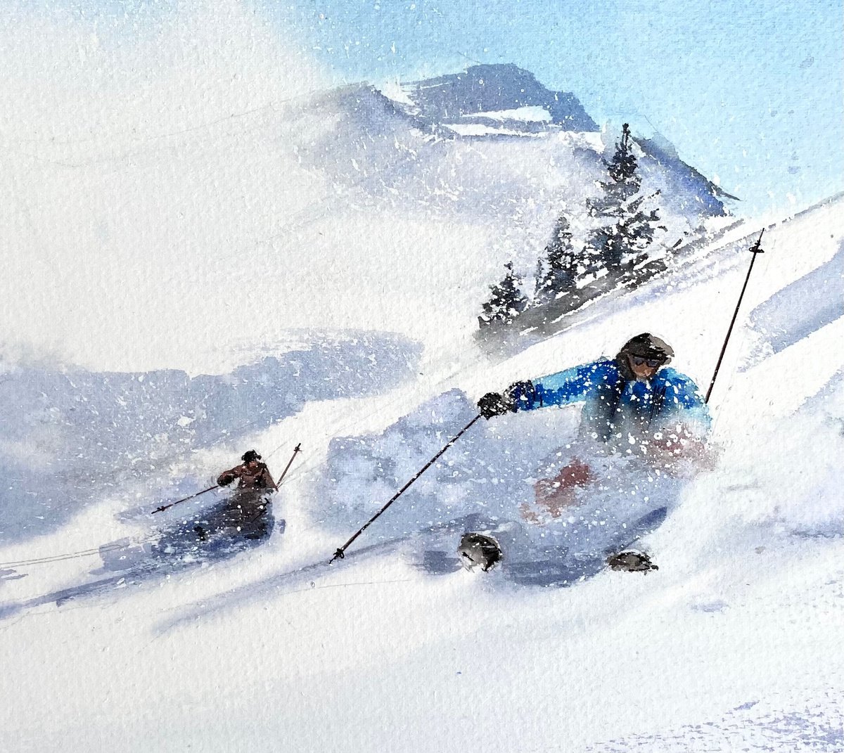 Skiers on the slope, downhill skiing on a snowy slope original