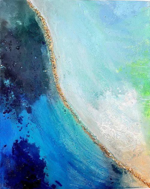 Blue Moods abstract ocean painting with shatered glass by Henrieta Angel