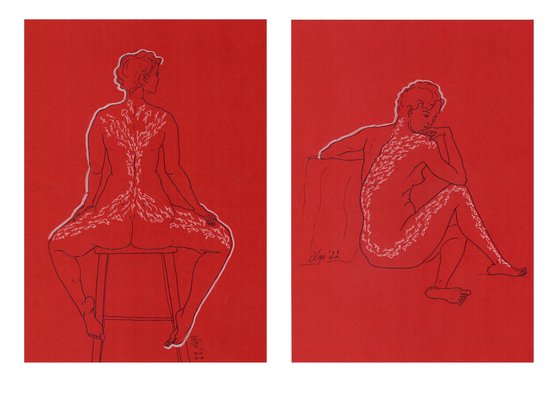 Diptych nude women - Set of 2 red and white sensual female portrait - Erotic mixed media drawings