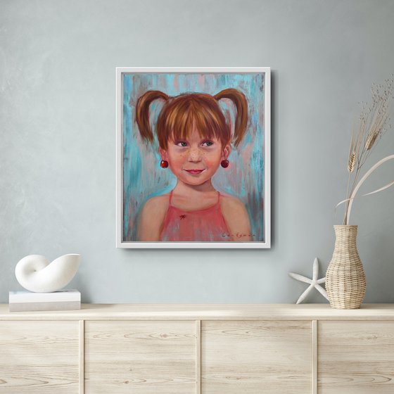 Girl with ponytails, ladybug and cherry earrings portrait