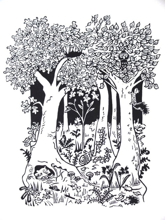 Woodland Walk - lino print