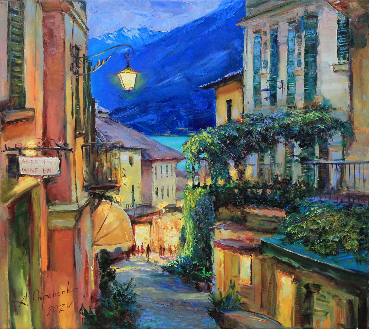 Impressionistic Cityscapes Oil Painting By Alisa Onipchenko-Cherniakovska, 35 X 31, Evening Bellagio Italy, Original Artwork
