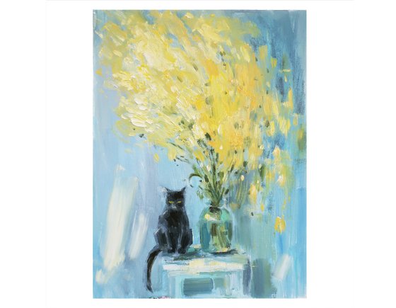 Oil painting Black cat Yellow bouquet of flowers Mimosa