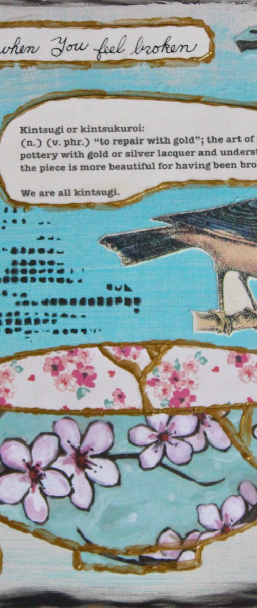 Kintsugi Bowl and Bird Collage with Words by Kay MacDonald