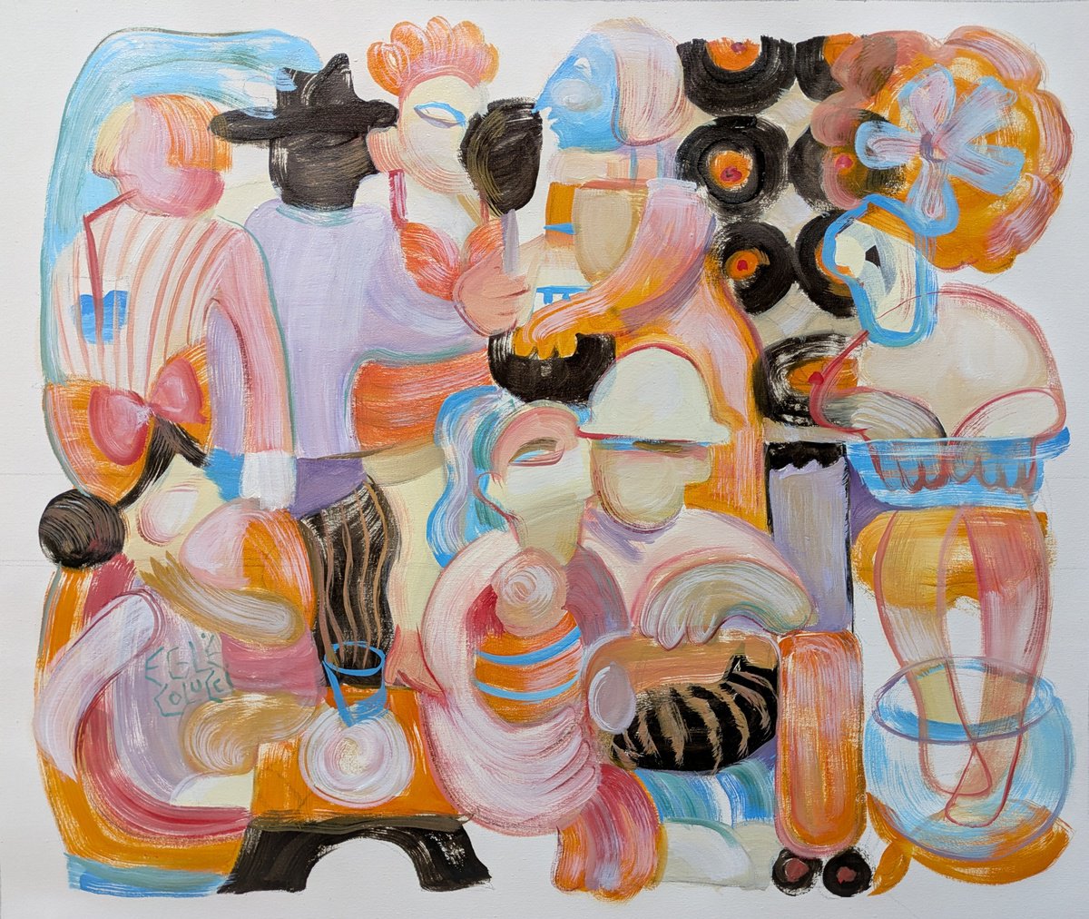 Geometric Portrait Oil Painting By Egle Colucci, 53 X 20, The Waiting Room (Two Paintings), Original Artwork