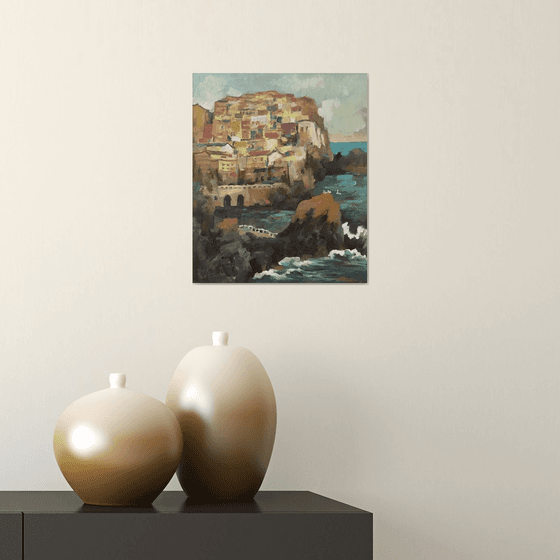 Original Oil Painting Wall Art Artwork Signed Hand Made Jixiang Dong Canvas 25cm × 30cm Manarola Italy small building Impressionism