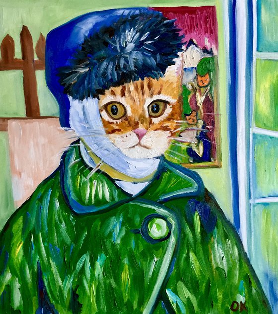 Confused Cat La Van Gogh.  Version of famous self portrait of  Vincent Van Gogh missing ear