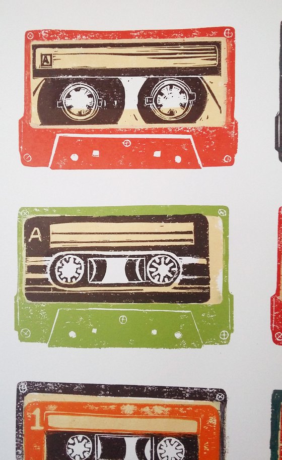 Linocut tapes #35 (cassette tapes, retro music, 70's, 80's rock culture)