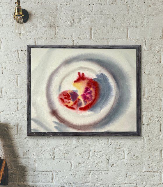 Pomegranate Watercolor Painting Original, Fruit Wall Art, Kitchen Decor, Abstract Brush Strokes Artwork